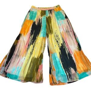 Eci Multi Color Palazzo Pants, Orange, Yellow, Teal wide-leg, Large